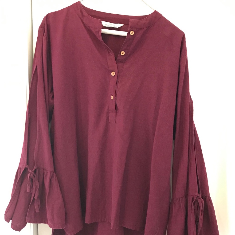 Modern Move Boutique Unique Linen Tie-Sleeve Blouse, Wine Purple, Size XL